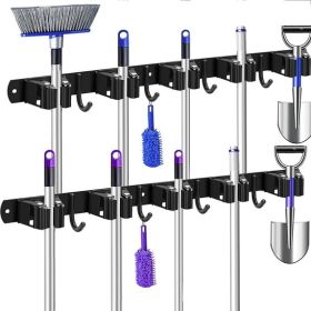 2-Pack Wall Mounted Metal Mop & Broom Holder â€“ Tool Storage Rack with 4 Slots & 5 Hooks, Black
