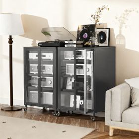 35.8" High Media Storage Cabinet with Wheels, AV Stereo TV Stand with 4 Adjustable Glass Shelves & Door, Heavy-Duty Steel Frame for Living Room