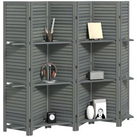6 Panel 67" Tall Wood Privacy Screen Room Divider with 3 Shelves and Folding Storage for Bedroom, Gray