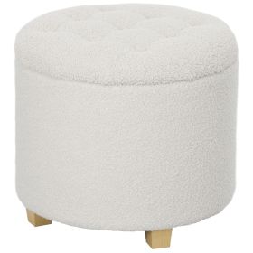 18" Round Ottoman with Storage, Teddy Fleece Button Tufted Foot Stool with Lid, Wood Legs for Living Room Hallway, White