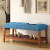 Fabric Upholstered Bench with Open Storage, Blue and Oak